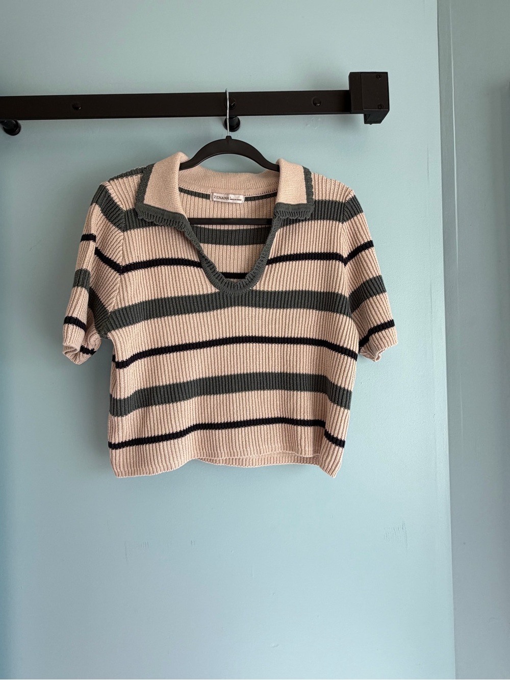 Zenana Large Striped Collared Knit Sweater Top Cropped 100% Cotton